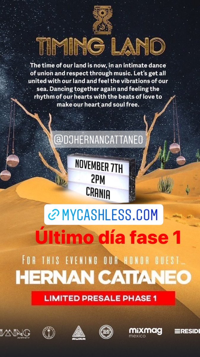 TimingAgency's tweet photo. Último día para preventa fase 1 💥🎟TIMING LAND / HERNAN CATTANEO. 
📆 Fecha: Domingo 7 de noviembre 2021 
 Hora: 2pm 

📌 Lugar: ¨Crania¨ 

🎟 A C C E S O S / T I C K E T S 🎟 https://t.co/bsmNEYZTiw  

Evento; https://t.co/QzGg39WGGG https://t.co/u2LtBgJCO7