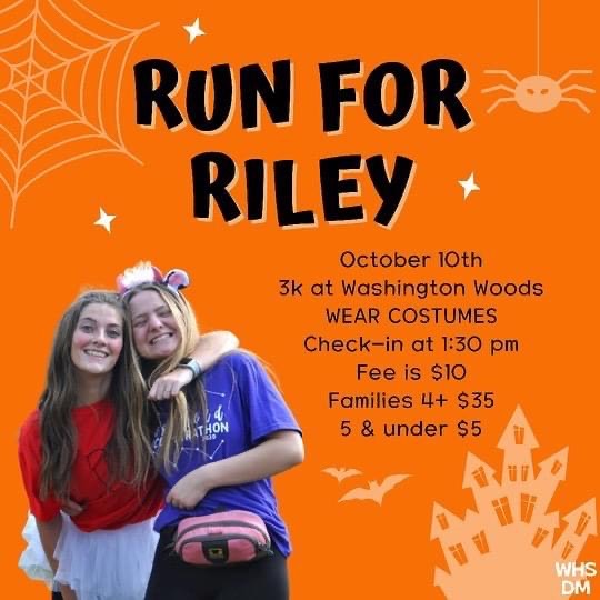 Do you enjoy candy, costumes, and helping kids? Then join WHS Dance Marathon on Sunday, October 10th @ 1:30 pm at Washington Woods Elementary for a fun run! Sign up online at WHSDM.org.  See you there!!