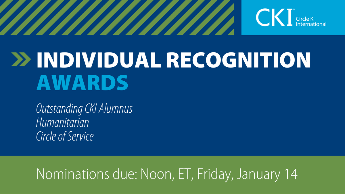 circlekintnl's tweet photo. Know CKI alumni or Kiwanians making an impact? Nominate them for the prestigious Circle of Service Award, the Humanitarian Award or the Outstanding Alumni Award to be presented at CKIx22. Nominations are due by noon ET, January 14! https://t.co/sK5jD44sI0 https://t.co/nJQHANOxxF
