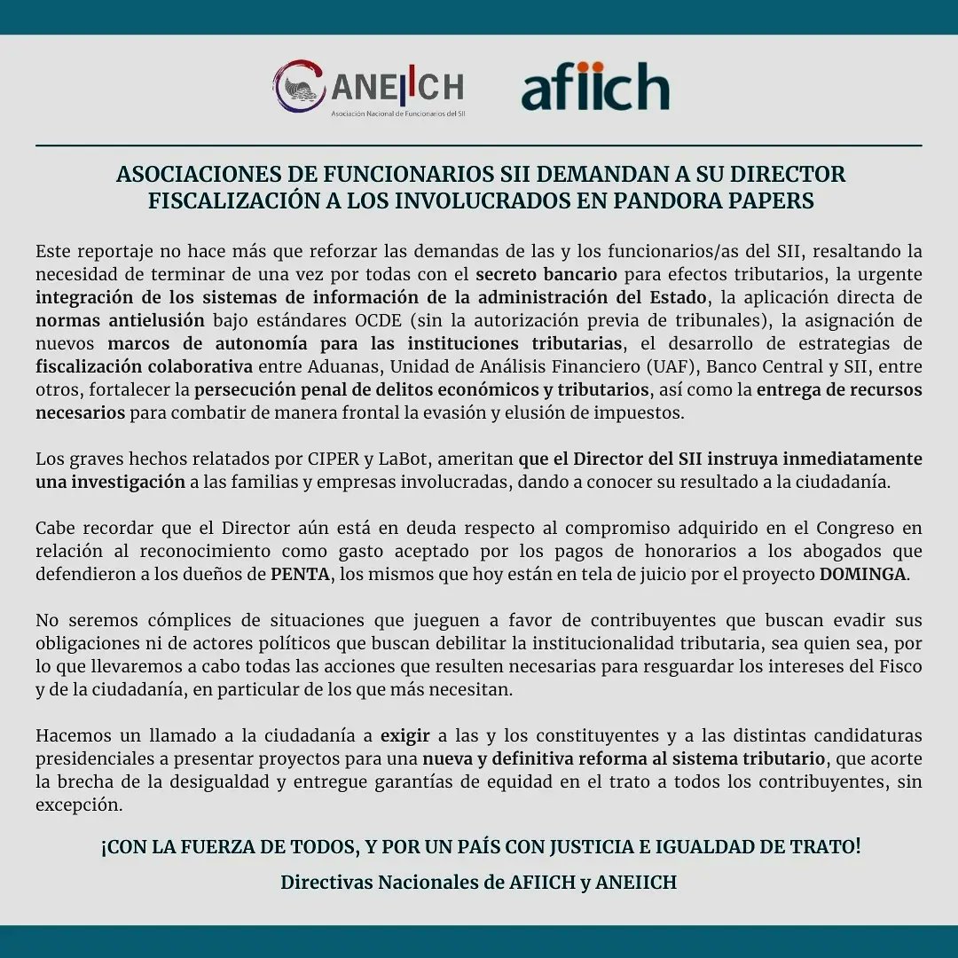Los graves hechos relatados por CIPER y LaBot, ameritan que el Director del SII instruya inmediatamente una investigación a las familias y empresas involucradas, dando a conocer su resultado a la ciudadanía.

Directivas Nacionales de AFIICH y ANEIICH