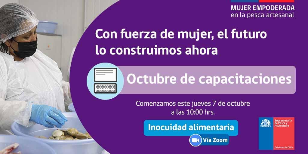 ¡ATENCIÓN Mujeres de mar 🙋🏻‍♀️🌊🇨🇱! Este jueves comenzaremos con el ciclo de “Octubre de Capacitaciones”, el primer tema será:  inocuidad alimentaria 🐟. 

¡Las esperamos!

🗓 Jueves 7 de octubre
⏰ 10:00 hrs.
💻 bit.ly/3oIpN2y
🔐 código: 938689