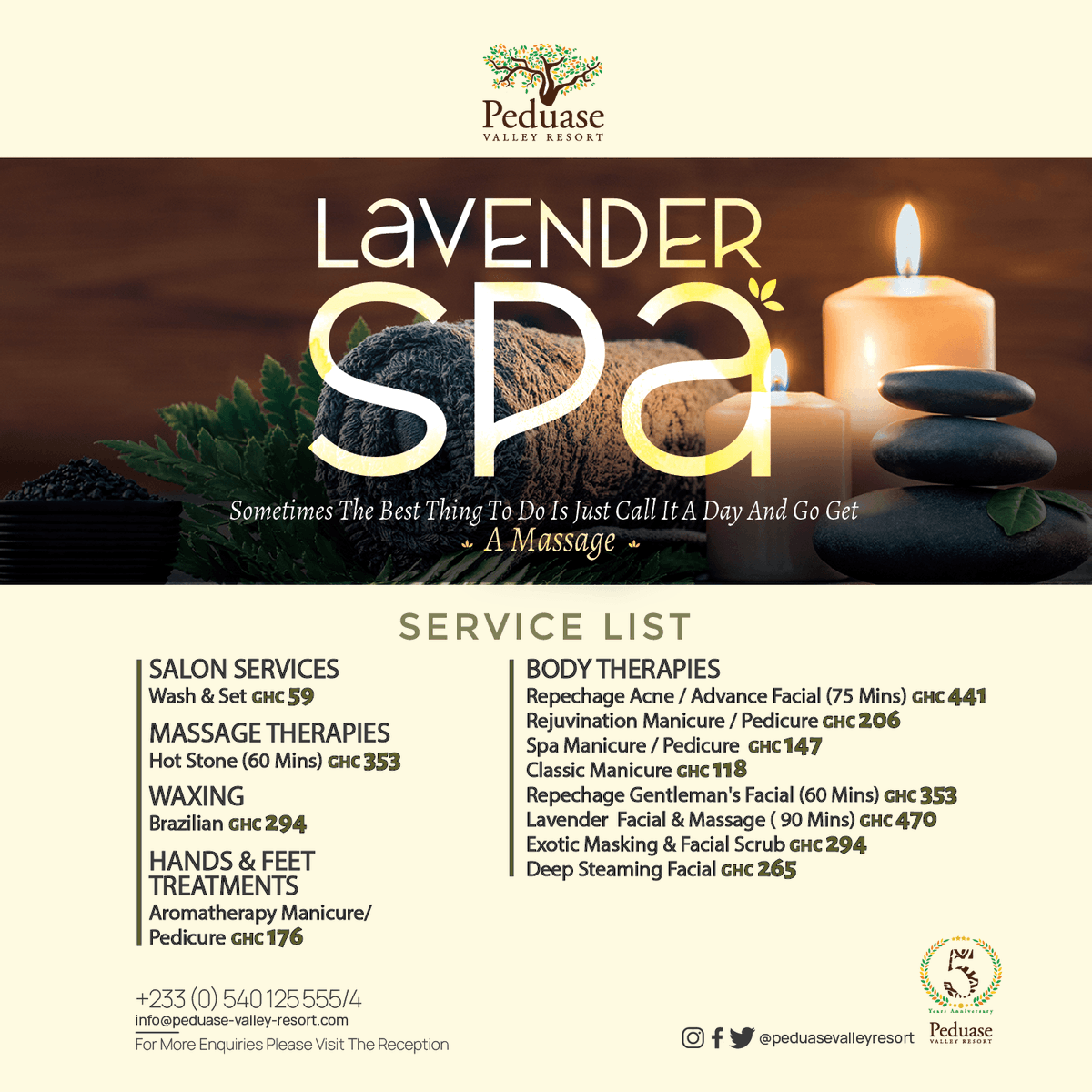 PeduaseValley's tweet photo. ๐ Give yourself a luxurious treat with our discounted spa rates and more at the Lavender Spa and Beauty Salon only at @peduasevalleyresort your #bestresortdestination #livelife
โ๏ธ 0540125554 /0540125555
#peduasevalleyresort #Lavenderspa #spa #experiencepvr
#aburi #ghanaGH๐ฌ๐ญ https://t.co/uBPTGqJ56y