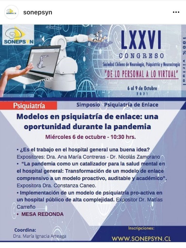 Mañana! Simposio Psiquiatría de Enlace en congreso anual SONEPSYN. Exponen: <a href="/matiascarreno/">Matías Carreño</a> <a href="/anitacsls/">Anita Contreras</a> <a href="/ConiCaneo/">Constanza Caneo</a> Coordina: <a href="/ignaciarodoni/">Ignacia Arteaga</a> Imperdible! <a href="/neuropuc/">Patricio Sandoval</a> <a href="/FacMedicinaUC/">Facultad Medicina UC</a> <a href="/PsiquiatriaCASR/">Psiquiatría Hospital Dr. Sótero del Río</a> <a href="/PsiquiatricoJHB/">Instituto Psiquiátrico Dr. José Horwitz Barak</a>