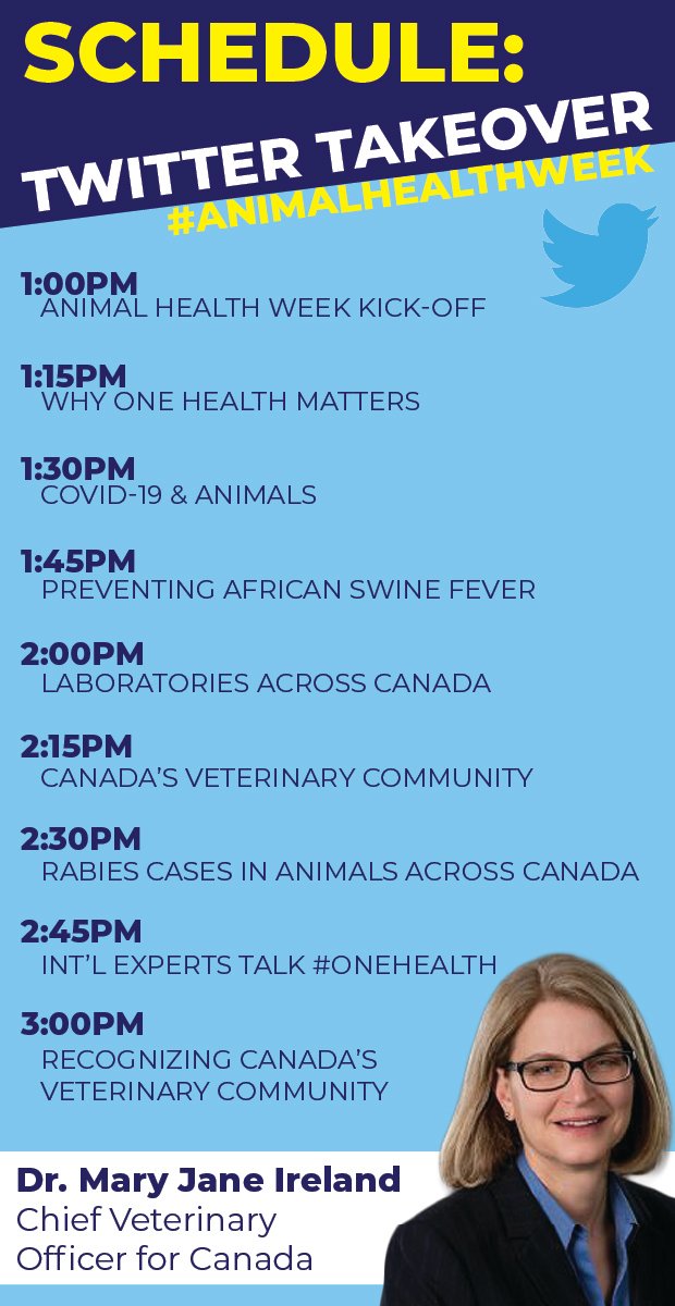 InspectionCan's tweet photo. What's the link between human health + animal health? Canada's Chief Veterinary Officer, Dr. Mary Jane Ireland, is taking over our account this week during @CanVetMedAssoc's #AnimalHealthWeek (Oct.3-9) and will tackle this question &amp; more! Tune in on Thursday, Oct. 7 at 1:00pm ET https://t.co/ELy6DU0TQ9