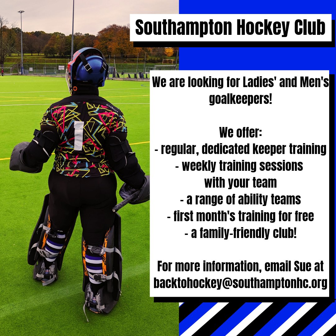 SouthamptonHC's tweet photo. **GOALKEEPERS**

Do you fancy trying out a new, local club? 

For more information, please email backtohockey@southamptonhc.org

#southamptonhc #southcentralhockey #hockeygoalkeepers #makingamove https://t.co/4JI6a5C86Z