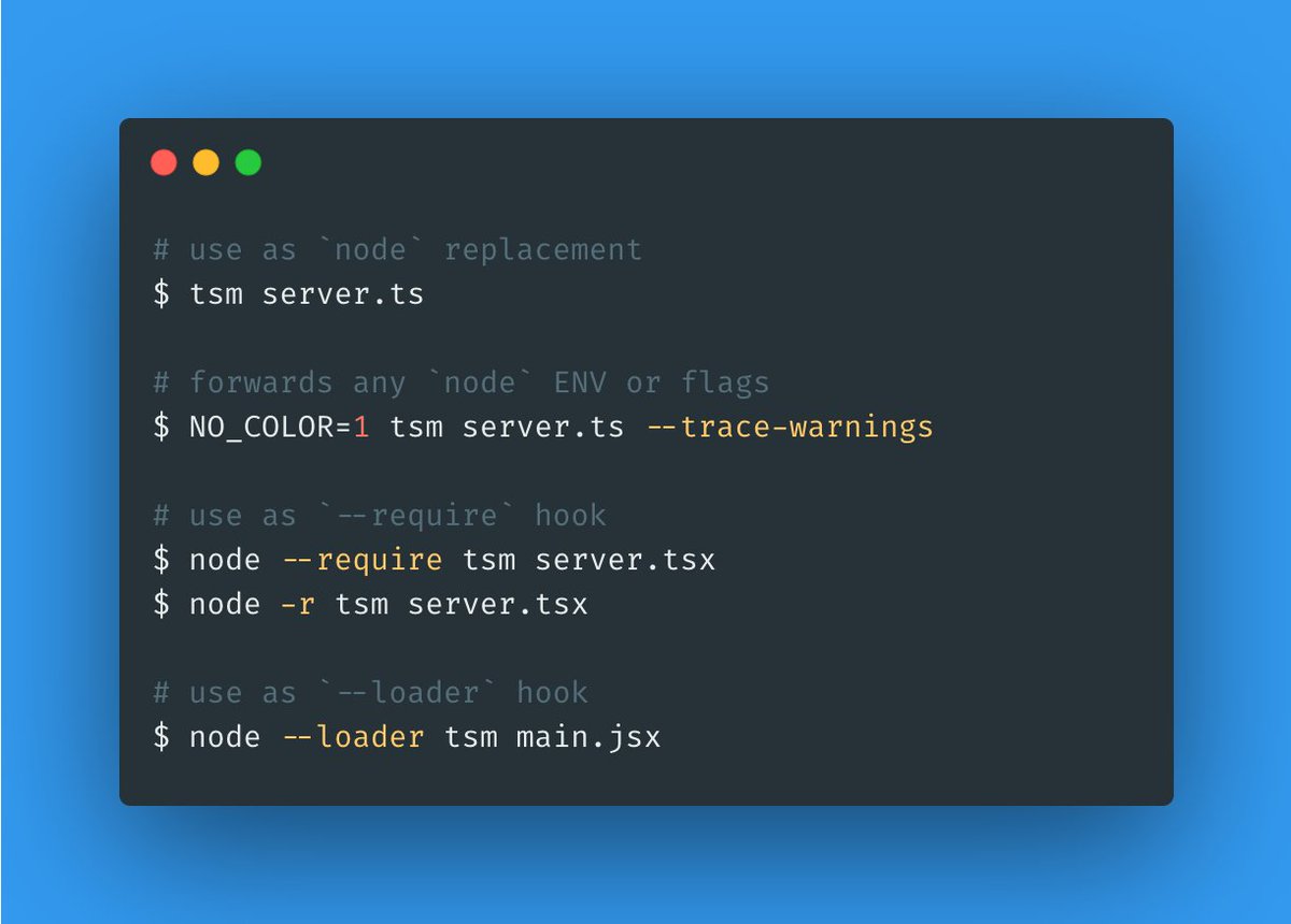 lukeed05's tweet image. Introducing `tsm` – TypeScript Module Loader~! 🎉
Supports:
🔹`tsm &lt;file&gt;` usage, like `node`
🔸`--loader tsm` usage for ESM hooks
🔹`--require tsm` for CommonJS hooks
🆕 the ".mts" and ".cts" extensions
🔧 optional per-extension config file
GitHub: github.com/lukeed/tsm