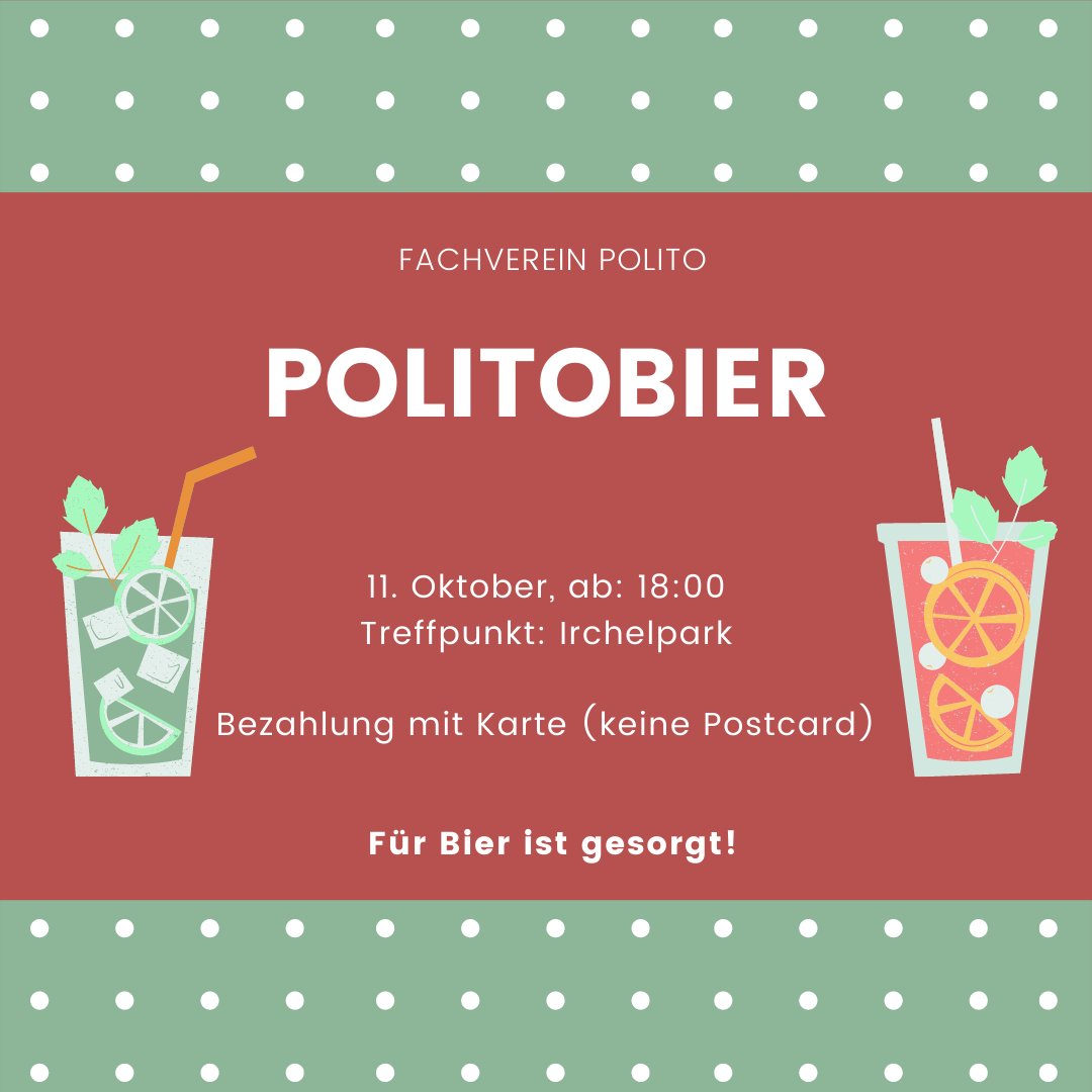 Endlich ist es wieder soweit - Unser erstes #Politobier des Semesters findet statt!🍻😏
🗓️Montag 11.10. im Irchelpark. Lerne deine Kommiliton*innen kennen und tausch dich aus. 
Der Fachverein bringt das Bier, ihr die gute Laune. Bezahlen könnt ihr mit Karte (Keine Postcard!).