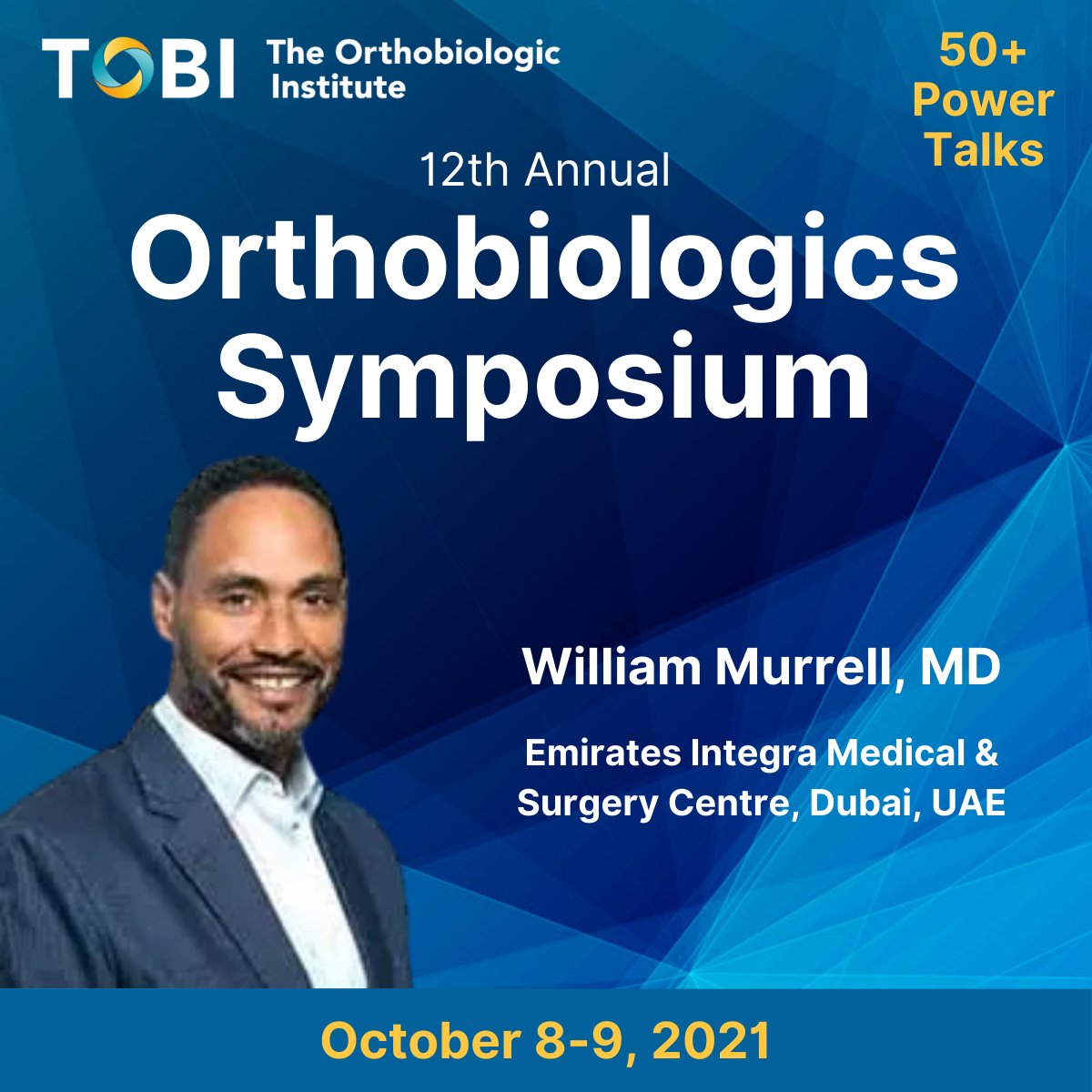 Intra-Articular Gold Induced Cytokine Injections for Knee Osteoarthritis: 4 Year Outcomes
William "Bill" Murrell, MD, Plancher Orthopaedics and Sports Medicine, New York, NY
Join us for 50+ quick power talks 
bit.ly/3wdyX8v
TOBI50 for $50 off
#orthobiologics
