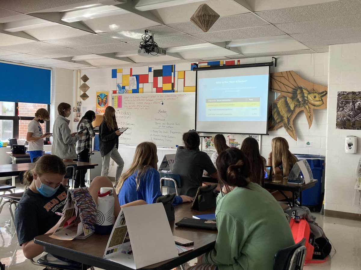 EcologyAnd's tweet photo. Students created presentation about the 23 coastal states and how they would be effected by 10’ of rising sea levels as a result of #climatechange. From their research, students are designing their next art project. @HCSD_ILC #datadriven #evemosher #highwaterline https://t.co/UQNNukqiyu