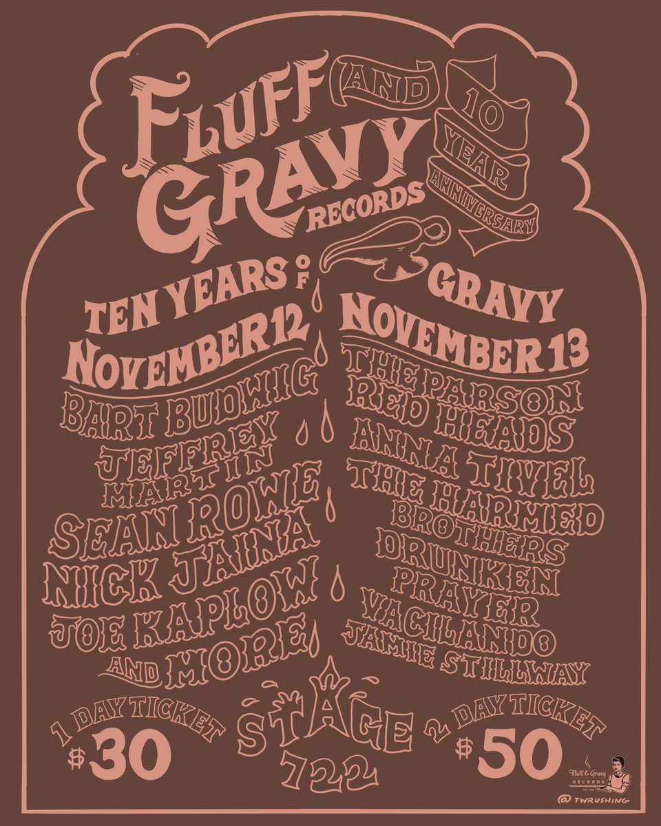 fluffandgravy's tweet photo. Here's the official Poster for our 10 Years of Gravy Celebration at Stage722 #10yearsofgravy #bartbudwig #annativel #seanrowe11 #Seanrowemusic #nickjaina #joekaplowband #joekaplowmusic #theparsonredheads #JeffreyMartin #theharmedbrothers #drunkenprayer #vacilando #jamiestillway https://t.co/gP1jaoLBie