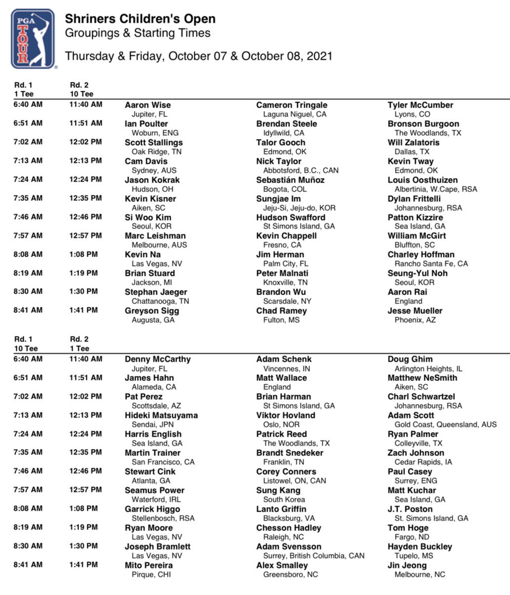 PGATOURComms's tweet image. Groupings and starting times for the first and second rounds of the Shriners Children’s Open