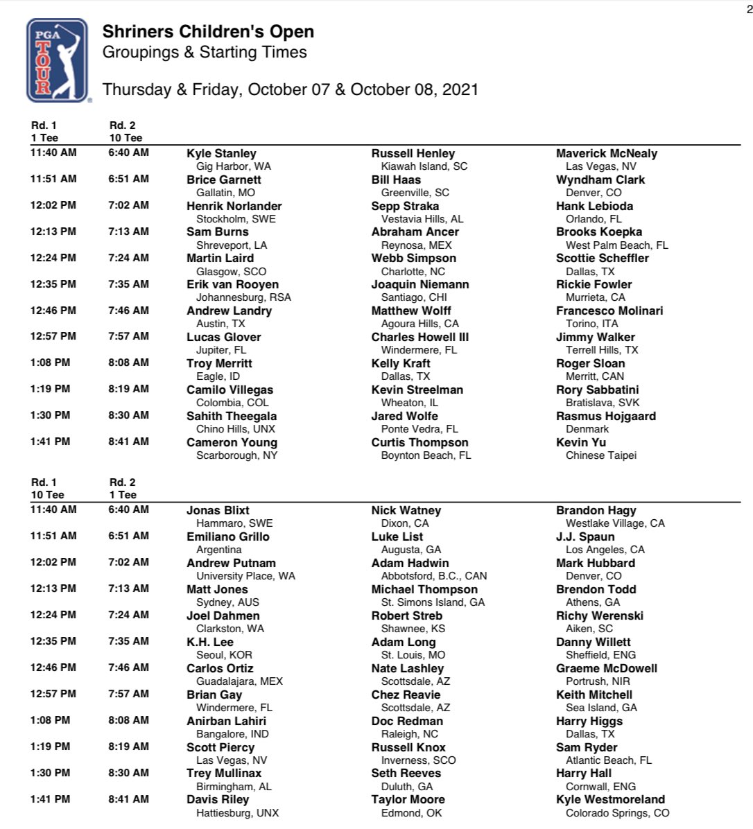 PGATOURComms's tweet image. Groupings and starting times for the first and second rounds of the Shriners Children’s Open