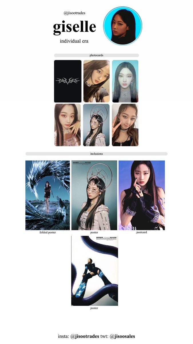 jisoosales's tweet photo. giselle wishlist | template
↬ all korean album cards + savage inclusions 

📓: giselle cards photocard aespa pc 에스파 포카 지젤 

☆: #gisellephotocardslist #gisellewishlist #gisellephotocard #aespa #지젤  #지젤포카 #에스파 #jisoosales https://t.co/GPh07wxMFA