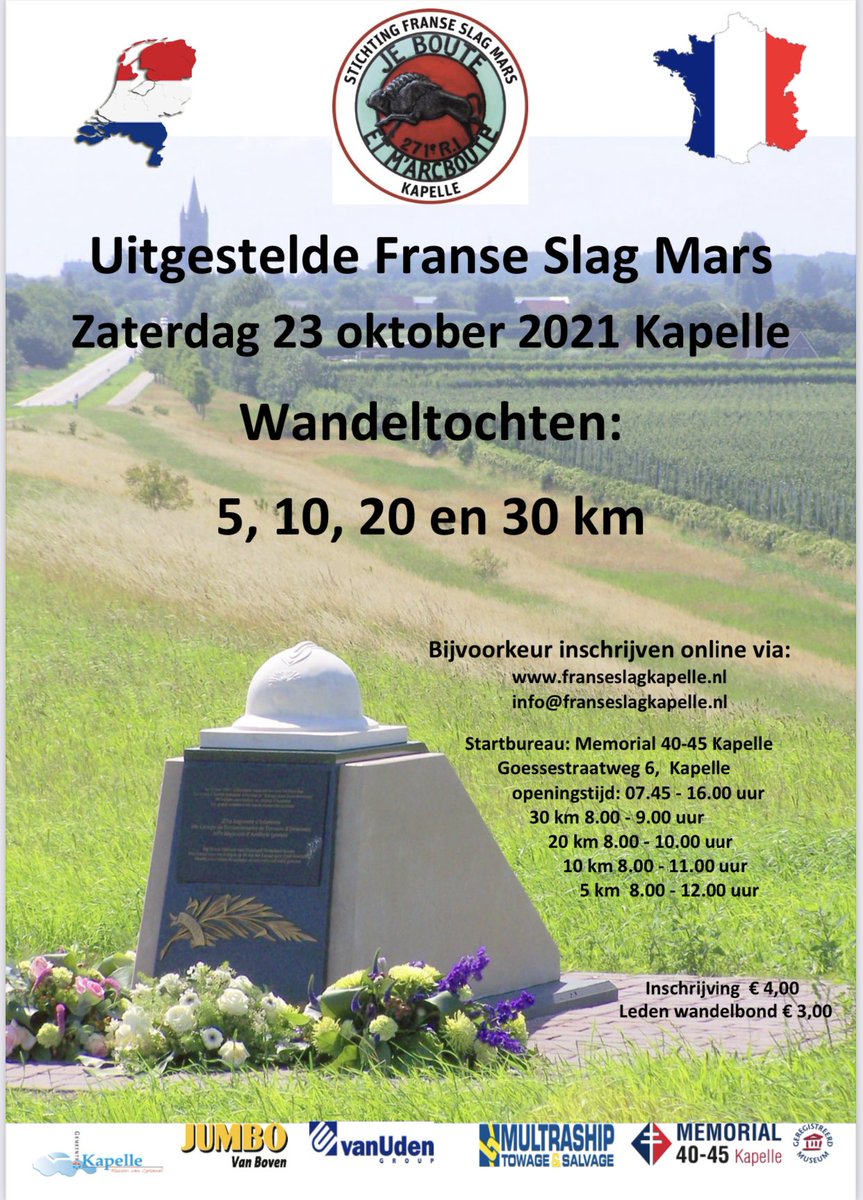 Zaterdag 23 oktober is er de uitgestelde Franse Slag Mars in Kapelle start is bij Memorial 40-45 aan de Goesestraatweg 6 in Kapelle. <a href="/Gem_Kapelle/">Gemeente Kapelle</a> <a href="/provzeeland/">Provincie Zeeland</a> <a href="/Fonsnaterop/">Fons Naterop</a> @AntonStapelkamp <a href="/MemorialKapelle/">Memorial 40-45 Kapelle</a>