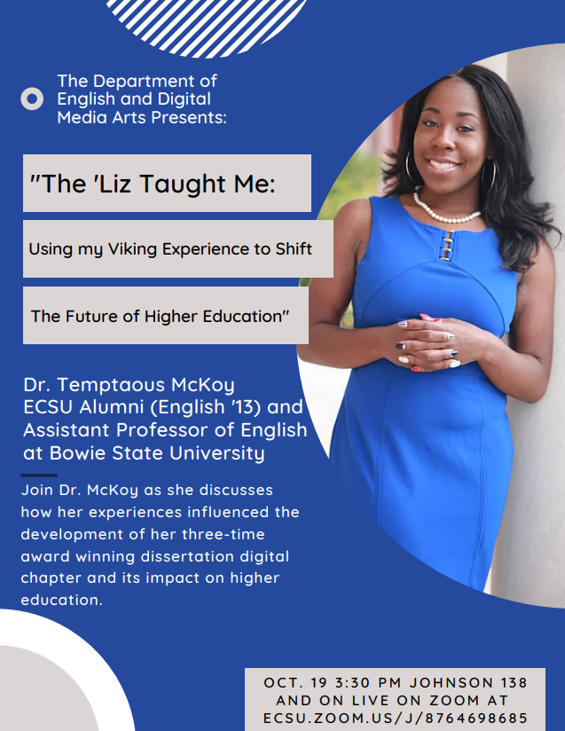 ECSU_English's tweet photo. We are so happy to have @ECSU #ECSUAlumni Dr. @SocraTemp2 come present her work and speak to our students!
19 October 330p, come join us! https://t.co/nEQtcdeiDV