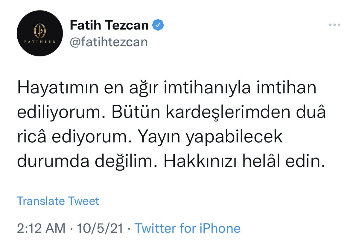 Herkes, Dua isteyen Fatih Tezcan'a hakaret ve beddua ediyor. Çaresiz bir şekilde dua istemiş, zor durumda olduğunu belirtmiş, belki de son günlerini yaşıyor. Yani dua isteyen birine bu yapılır mı?
diyerek gereksiz duyar kasmayacağım tabi ki😁
Haram olsun