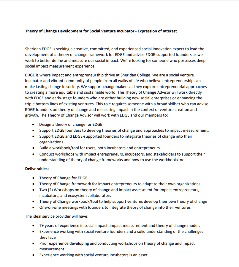 EDGE_Sheridan's tweet photo. Sheridan EDGE is seeking a social innovation expert to lead the development of a theory of change framework for EDGE and advise EDGE-supported founders as we work to better define and measure our social impact.

The deadline for EOI submission is 11:59pm, October 17th 2021. https://t.co/trgzDgbjd0