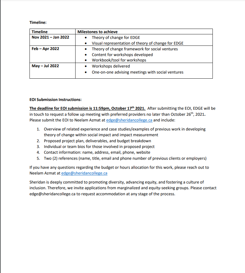 EDGE_Sheridan's tweet photo. Sheridan EDGE is seeking a social innovation expert to lead the development of a theory of change framework for EDGE and advise EDGE-supported founders as we work to better define and measure our social impact.

The deadline for EOI submission is 11:59pm, October 17th 2021. https://t.co/trgzDgbjd0