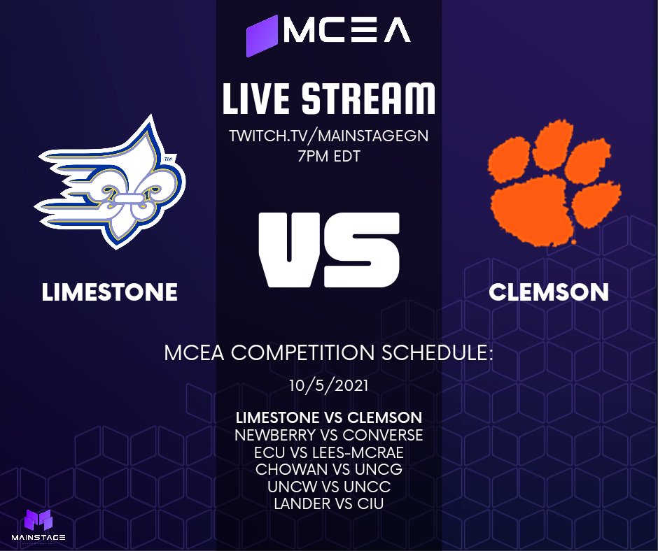 MainstageMCEA's tweet photo. Don't miss out on the matches tonight between @ClemsonEsports and @LimestoneEsport. We will have @snydermane, and @IndieGamePulse on our stream desk, with Xiria and @HeroVval casting #VALORANT, followed by @Icychiller54 and @jamaican116 casting #rocketleague. #twitch #games https://t.co/qjSyRpeRhf
