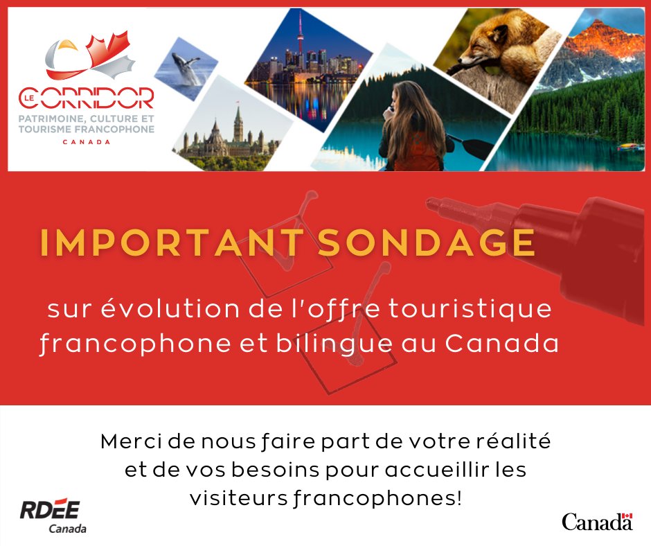 salut_canada's tweet photo. 🙋 À toutes les entreprises touristiques offrant des services à des clientèles francophones ⚜️ (situées à l’extérieur du Québec), nous avons besoin de votre aide!
Merci de répondre à ce court et simple sondage!
➡  https://t.co/ZdPG6EdoYK https://t.co/N1zcAyvWzL