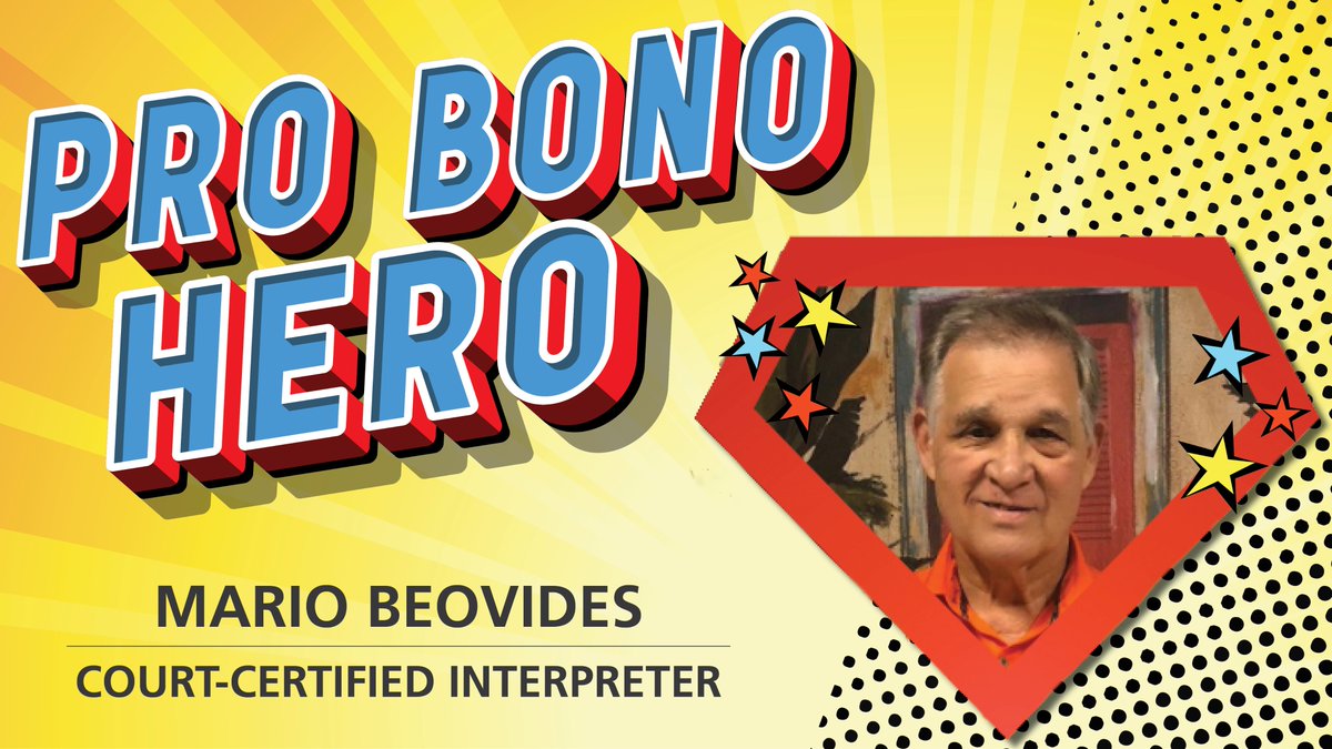 FloridaProBono's tweet photo. As a court-certified interpreter, Mario has donated his services as a translator countless times to @caba_probono. He has generously provided translations to children and other indigent clients who cannot afford an interpreter for their court proceedings. #ProBonoHero #OnePromise https://t.co/GrD0gsofM8