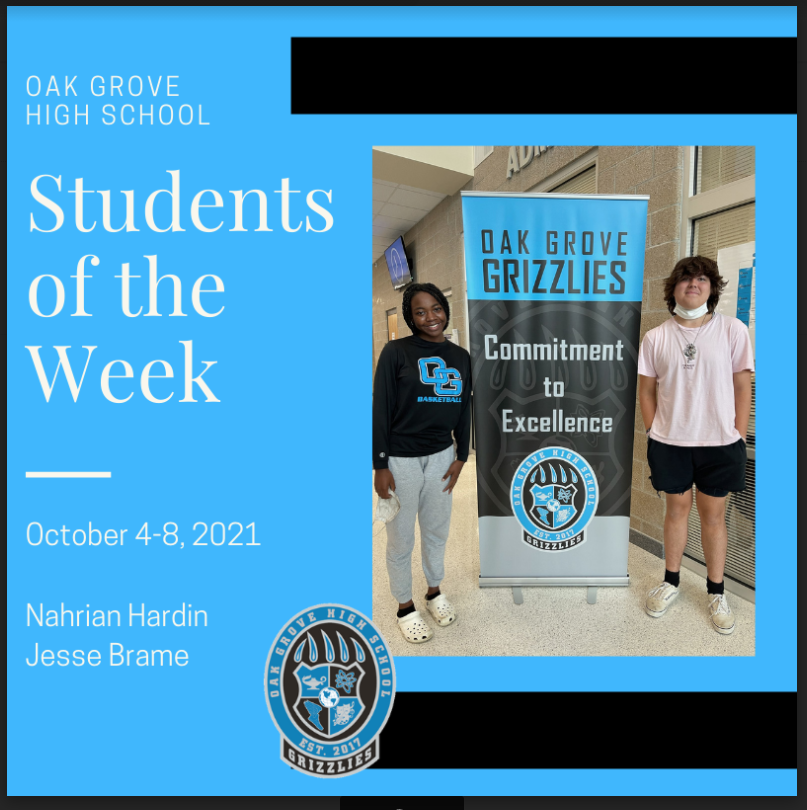 OakGroveHS's tweet photo. Presenting this week's Grizzlies of the Week...OGHS juniors Nahrian Hardin & Jesse Brame! Congrats & thanks for #bearingdown & serving as leaders by example at The Den! @oakgroveden @OghsStuco @StudentSvcsOGHS #BeOG #GrizzlyPride #studentoftheweek https://t.co/dn2ZzrD666