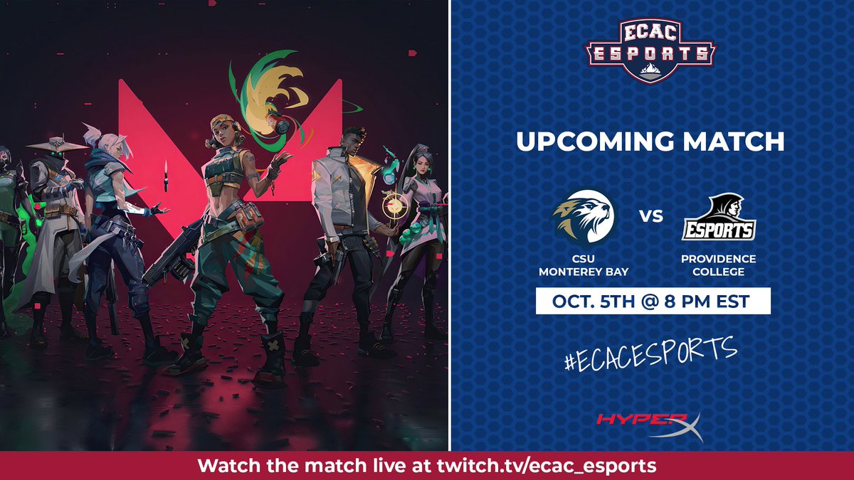 𝙏𝙊𝙉𝙄𝙂𝙃𝙏‼️

We have a VALORANT matchup you don’t want to miss out on tonight 👀 

⚔️: <a href="/CSUMBeSports/">CSUMB eSports Club</a> vs. <a href="/Friars_eSports/">Providence College Esports</a> 
🎥: twitch.tv/ecac_esports
🎙: <a href="/RavishingCasts/">Ravish Khanna</a> &amp; <a href="/Paulsible/">Paulsible</a>
