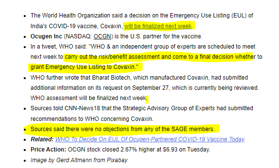 WHO To Finalize Nod To Ocugen-Partnered Covaxin Next Week: $OCGN #covacin #BharatBiotech 
"Sources said there were no objections from any of the SAGE members" #Vaccigen #OCGN #OCUGEN 
<a href="/The_RockTrading/">John @ The Rock Trading Co.</a> @manpreetkailon <a href="/ripster47/">Ripster</a>
