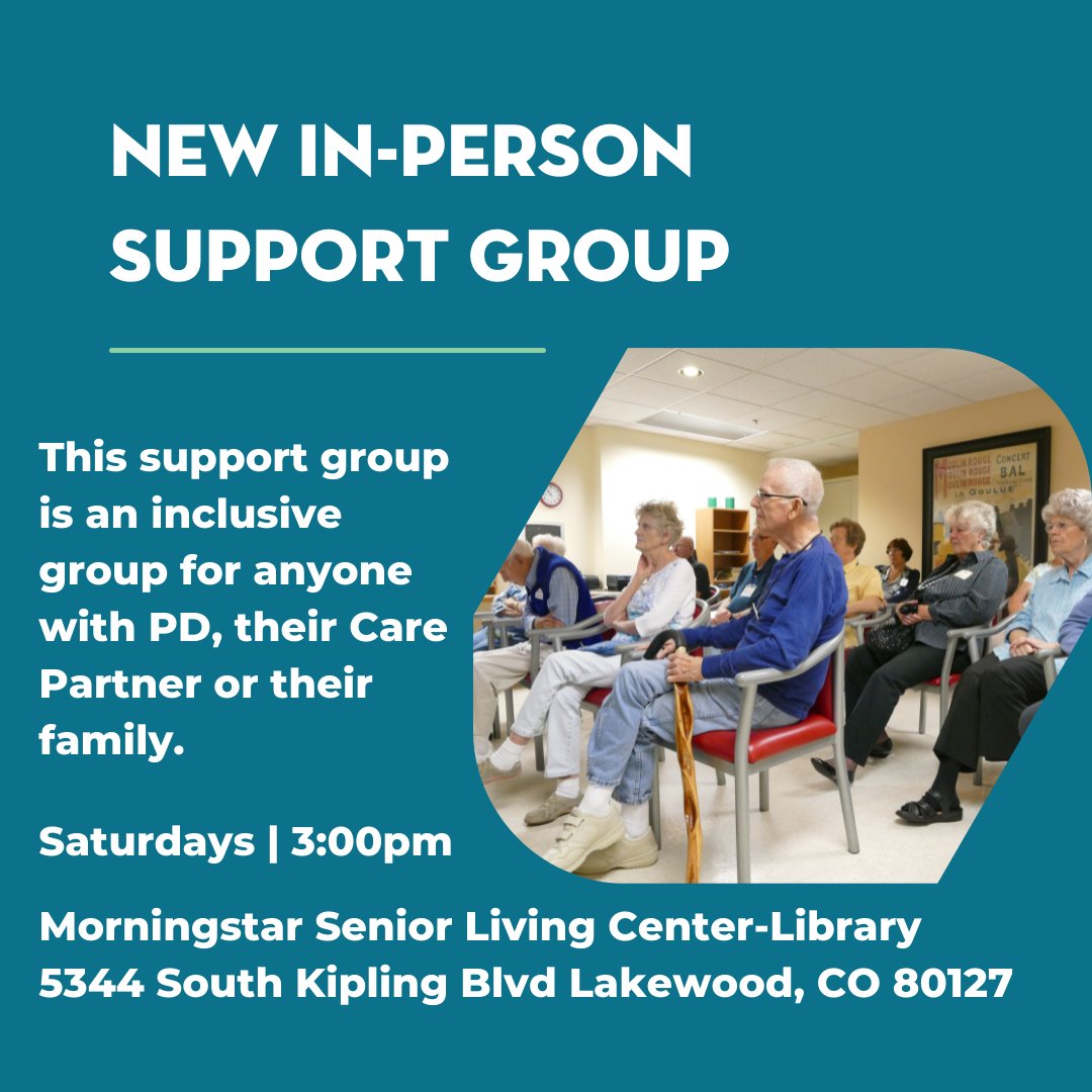 🚨New in-person support group!🚨

This support group is an inclusive group for anyone with PD, their Care Partner or their family.

First meeting on Saturday, October 16 | 3:00pm

Morningstar Senior Living Center-Library
5344 South Kipling Blvd Lakewood, CO 80127.

#supportgroup