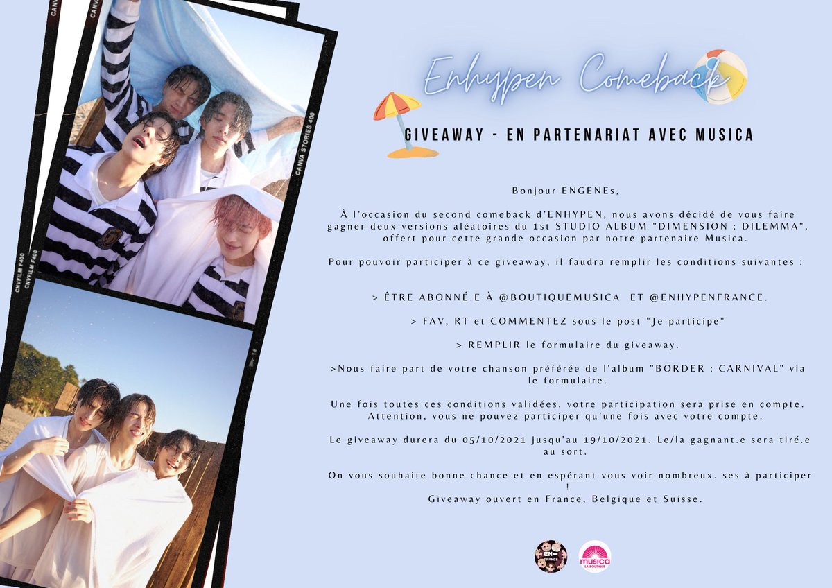 EN_FranceFan's tweet photo. • GIVEAWAY | 05.10.21 •

À l'occasion du 2nde comeback d'ENHYPEN, nous avons décidé de vous faire gagner deux versions aléatoires de "DIMENSION : DILEMMA" offert par notre partenaire @BoutiqueMusica  ! 
Conditions de participation ⤵️

Lien formulaire : https://t.co/U74KSFTbh7 https://t.co/bhQTmPuWI7