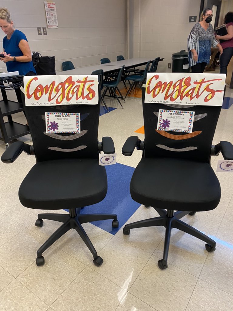 Rteest4u's tweet photo. It must be the name…Congrats to these two Super Star teachers! Nicole Tilmon Employee of the Month for August &amp; Nicole Verner Employee of the Month for September! They will be sitting in style…wait do teachers ever sit!🤣 Congrats! @Acworth_ES @MsVerner1 @teachertilmon https://t.co/sQBSgGpz4U