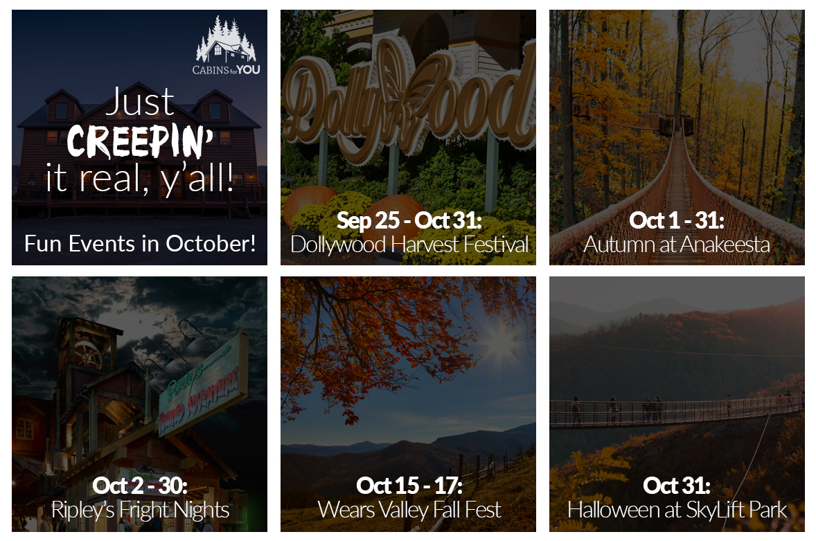 CabinsForYou's tweet photo. Did you need a sign to visit the Smokies for Spooky Season?! Well, here are some things you can do this October! #CabinsForYou #Dollywood #HarvestFestival #SkyliftPark #SpookySZN #Gatlinburg #PigeonForge https://t.co/oseQ1CnZwy