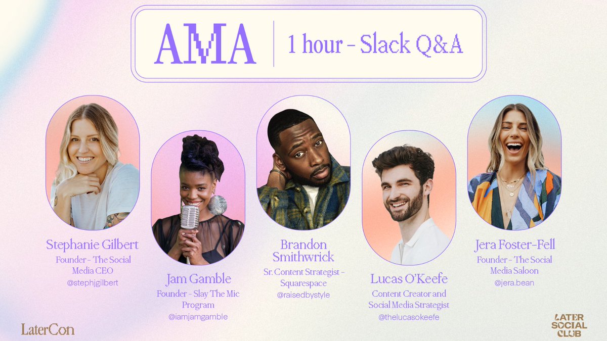 Later (@latermedia) on Twitter photo Join us for our last two AMA LaterCon sessions inside the Later Social Club! ✨
Lineup:
⚡ 10/5 at 2 pm PT: @thelucasokeefe
⚡ 10/6 at 9 am PT: <a href="/jerabean/">Jera Foster-Fell</a>
Join LSC: lat.gr/AMALSC
Join us for our last two AMA LaterCon sessions inside the Later Social Club! ✨
Lineup:
⚡ 10/5 at 2 pm PT: @thelucasokeefe
⚡ 10/6 at 9 am PT: <a href="/jerabean/">Jera Foster-Fell</a>
Join LSC: lat.gr/AMALSC
