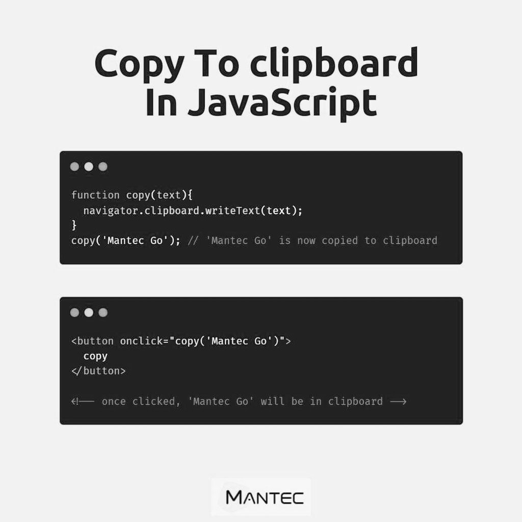devThaer's tweet photo. Copy To Clipboard In JavaScript#javascript
#CodeNewbie
#Python #JS #programming #vuejs #vuejs2 #js #javascripts https://t.co/i7rt5vRuzh