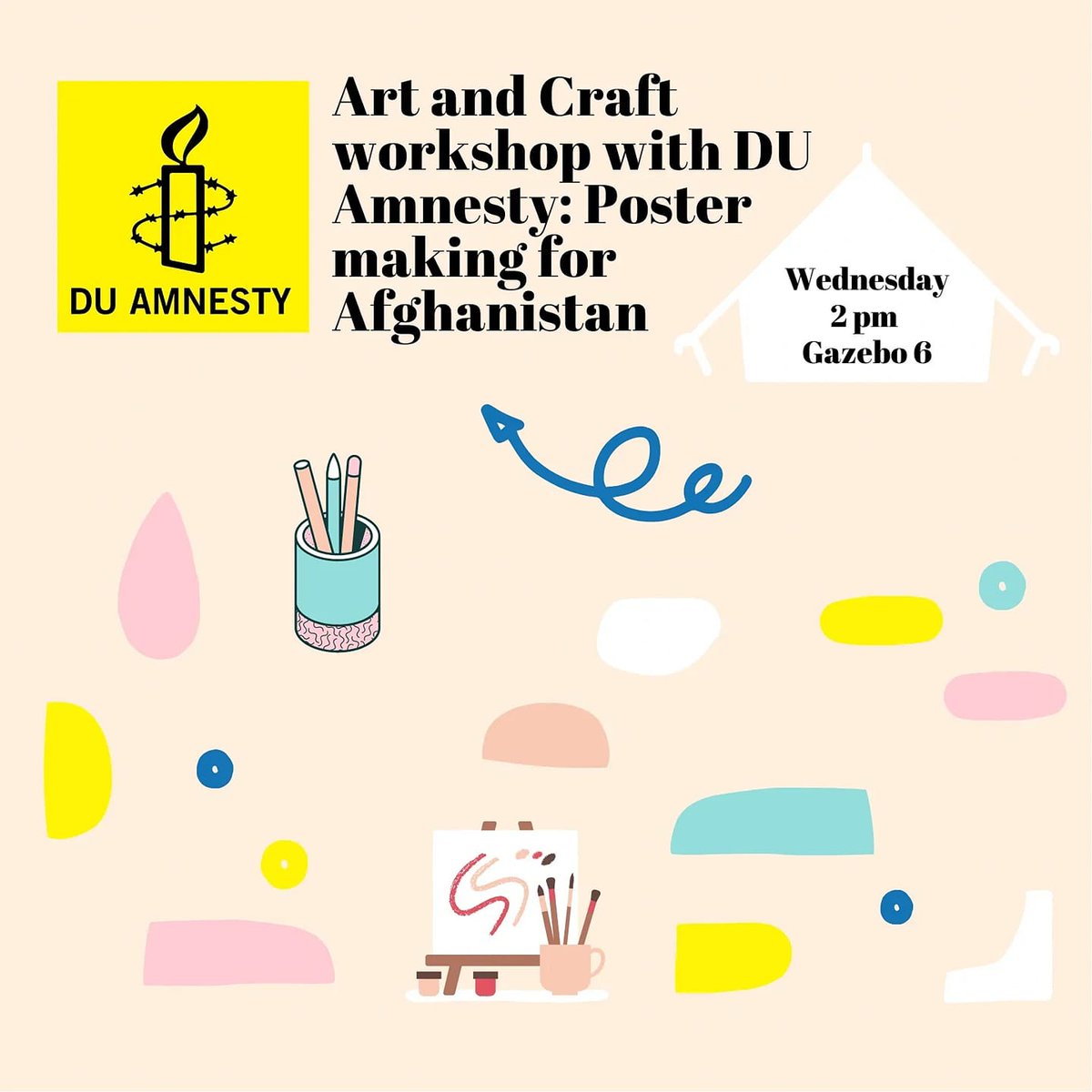 Come do some arts and crafts with us on Wednesday afternoon!

We'll be creating posters to advertise an Amnesty petition to expand resettlement for Afghan refugees in Ireland.

Who knows, there might even be free tea and biscuits!😏