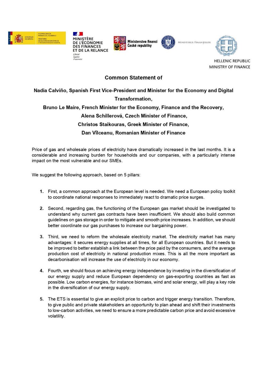 EUROPEAN ENERGY CRUNCH: Five EU countries, including France and Spain, issue joint statement on surging energyprices. They ask for probe into the gas market; and perplexing comment about how to set power prices, with reference to “average” rather than “marginal” production costs.