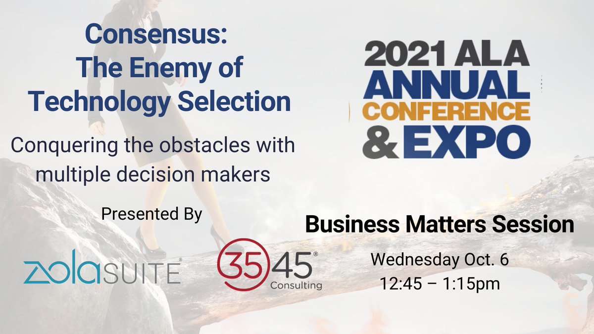3545_Consulting's tweet photo. Attention #ALAConf2021 attendees! Do you feel like you are walking into a wall of fire when it comes to getting all parties to agree on new technology? @ZolaSuite and @3545_Consulting come together to help navigate the obstacles. #practicemanagment #legaltech @ALABuzz https://t.co/qLIlClW0lx