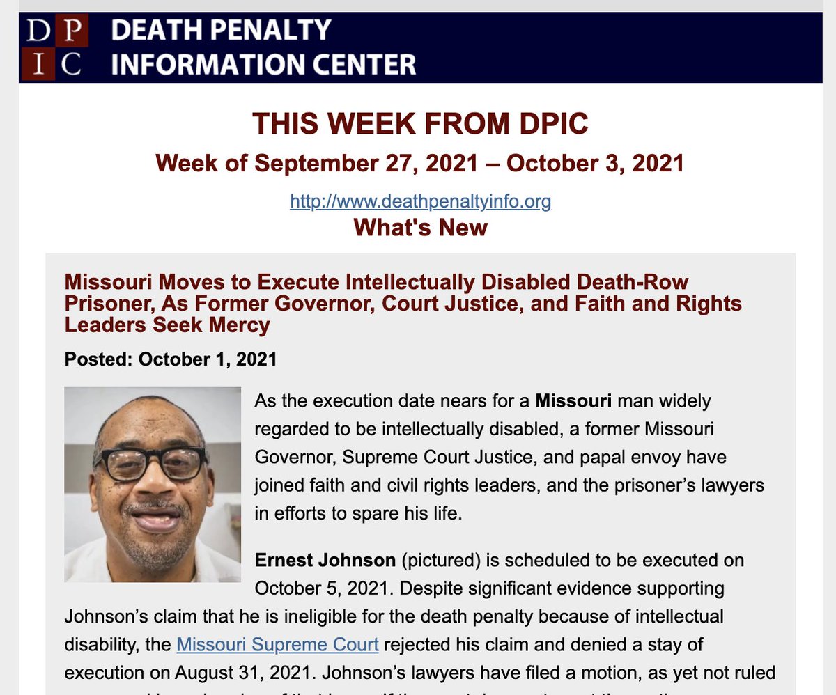 RDunhamDP's tweet photo. In this week's DPIC newsletter (tweeted one day late): #SherwoodBrown is exonerated in #Mississippi — the 186th U.S. death-row exoneree; #Texas executes #RickRhoades; #Missouri prepares to execute intellectually disabled death-row prisoner #ErnestJohnson. @DPInfoCtr #deathpenalty https://t.co/hafWjBQMJU