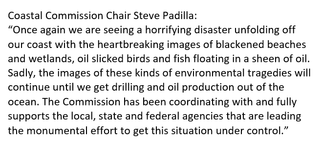 TheCACoast's tweet photo. Statement from California Coastal Commission Chair Steve Padilla on the #HuntingtonBeachOilSpill https://t.co/EOTChHtQ6I