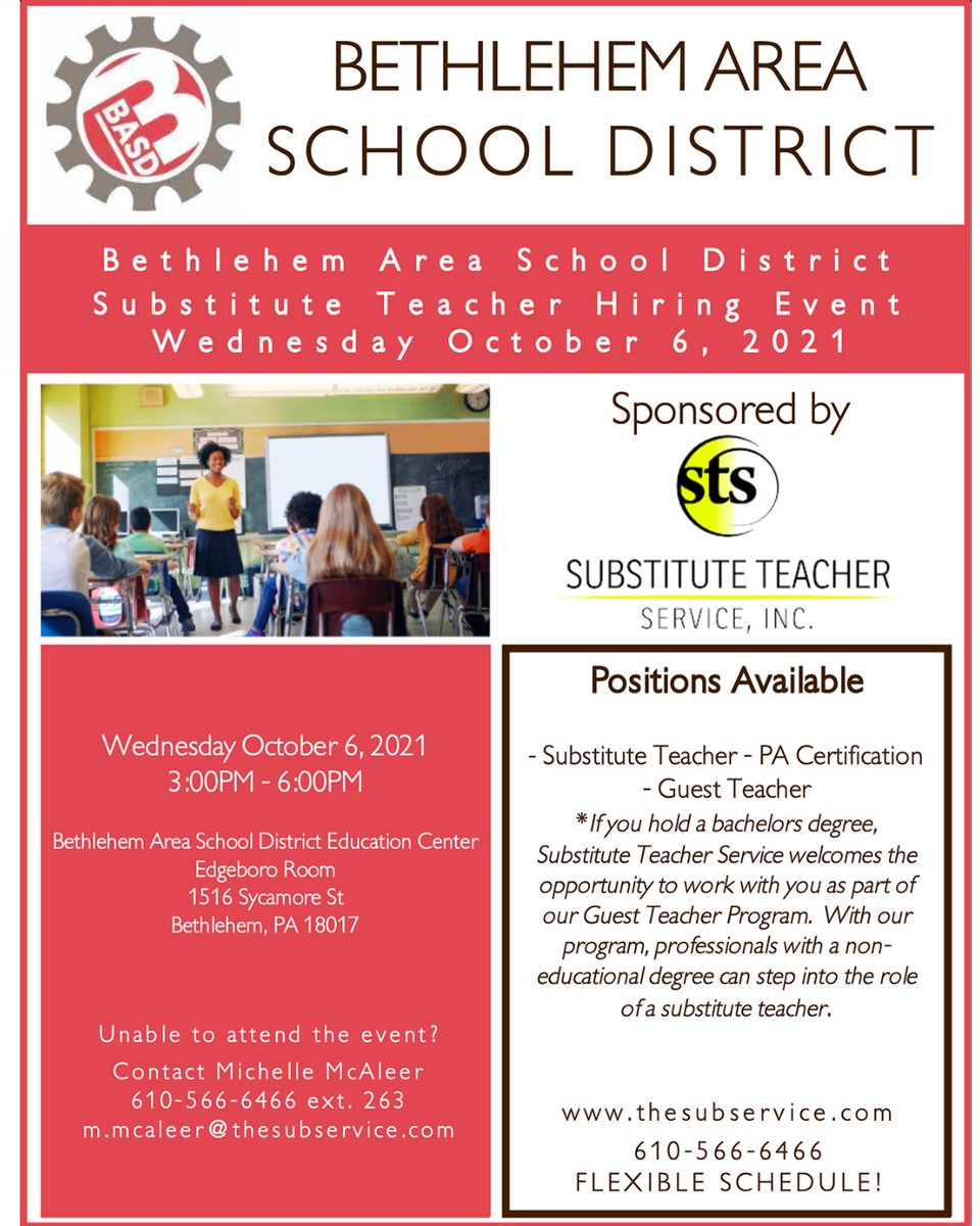 Join us on Wednesday October 6 from 3 to 6 p.m. at the Education Center, 1516 Sycamore St., for a Substitute Teacher Hiring Event! 

#BuildingBethlehem BASDschools.org