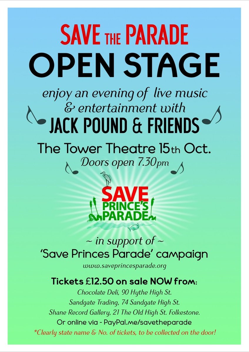SavePrincesPara's tweet image. Get your tickets today! Available in Hythe, Sandgate and Folkestone priced £12.50 (see image). It's going to be brilliant! 

To purchase by PayPal pay to the email membership@saveprincesparade.org and add a message stating how many tickets and a name for collection on the night.