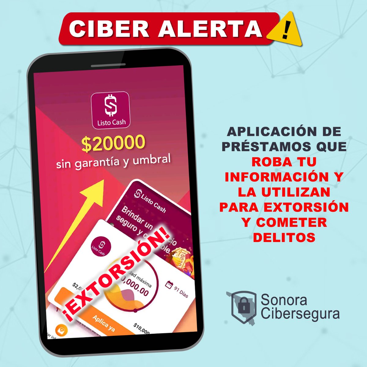 TMXDigital's tweet photo. ⚠️🚧⛔¡MUCHO CUIDADO!⛔🚧⚠️
Criminales extorsionan, roban información y datos personales sensibles de mujeres y hombres jóvenes a través de la aplicación de préstamos #ListoCash. Les cobrarán altos intereses que en caso de no pagar los inducirán a unirse a grupos criminales. https://t.co/HKTlUnaAhp