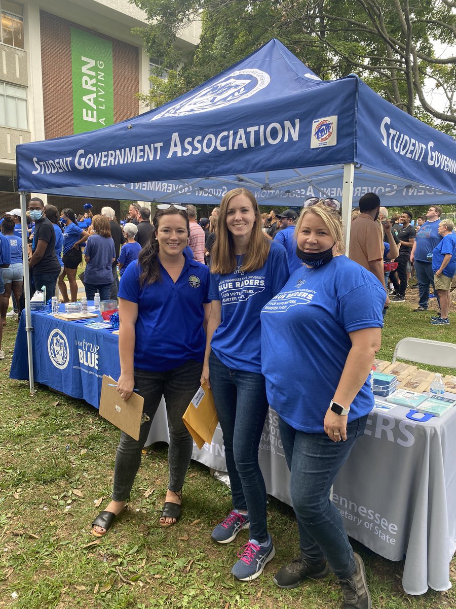 MTSU's tweet image. ICYMI: @sectrehargett &amp;amp; @jalanfarley joined @MTSUSGA President Cooper and student volunteers for a campus voter registration drive in Walnut Grove before Saturday’s football game! #trueblue #tnvoterregistrationtailgate