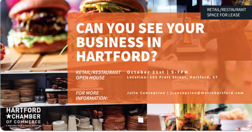 Join us Oct 21 at 5:00 p.m. for a self-guided tour of participating vacant properties + storefront retail opportunities. Registration is at 103 Pratt Street. @cbreNewEngland @LexingtonLLC @OhHartford #storefrontretail #hartford #restaurant