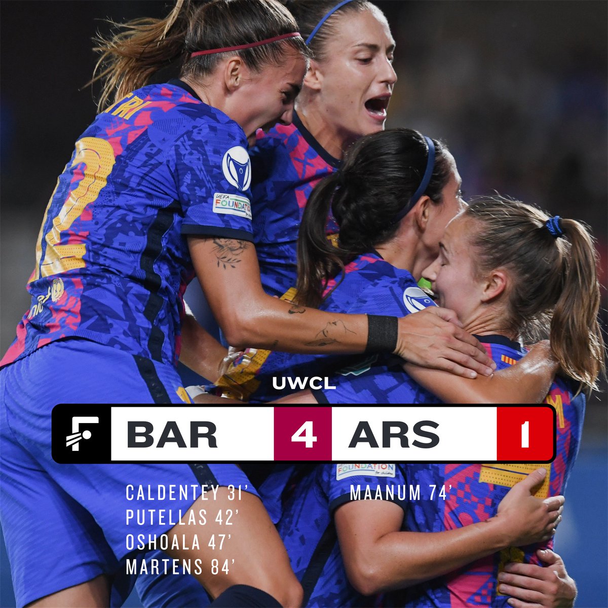 Defending European champions Barcelona get off to a superb start in this season's group stages.

They could even afford the luxury of Alexia Putellas having a penalty saved by Manuela Zinsberger in the dying seconds.

 #UWCL #QueensOfFootball #FCBfemení