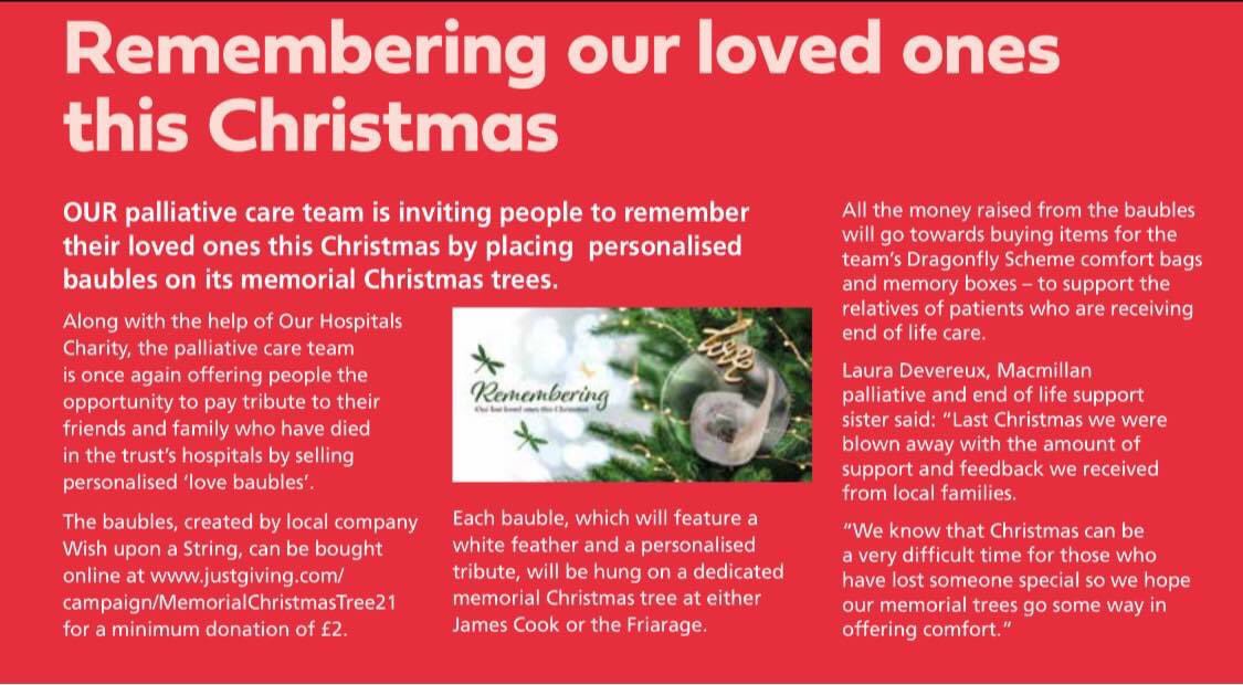 Dragonfly Scheme South Tees Trust (@dragonflystees) on Twitter photo 🎄🌟 Memorial Christmas Tree🌟🎄
… we’re pleased to inform you that our memorial Christmas tree is back this year, hopefully bigger, brighter and laden with baubles in memory of our loved ones <a href="/OurHospCharity/">Our Hospitals Charity - James Cook & Friarage</a> <a href="/janesusanwalker/">jane susie</a> <a href="/GoodGriefProj/">The Good Grief Project</a> 🎄🌟 Memorial Christmas Tree🌟🎄
… we’re pleased to inform you that our memorial Christmas tree is back this year, hopefully bigger, brighter and laden with baubles in memory of our loved ones <a href="/OurHospCharity/">Our Hospitals Charity - James Cook & Friarage</a> <a href="/janesusanwalker/">jane susie</a> <a href="/GoodGriefProj/">The Good Grief Project</a>