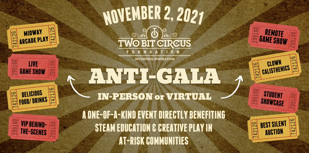 2BitFoundation's tweet photo. Our 2021 Anti-Gala is 11/2 & we want to see YOU there! In-person at @TwoBitCircus or live online - https://t.co/7YkOthI8j3 for more info + tickets! #losangeles #nonprofit #fundraiser #twobitcircus #twobitcircusorg #dtla https://t.co/pvS2WVo5zz