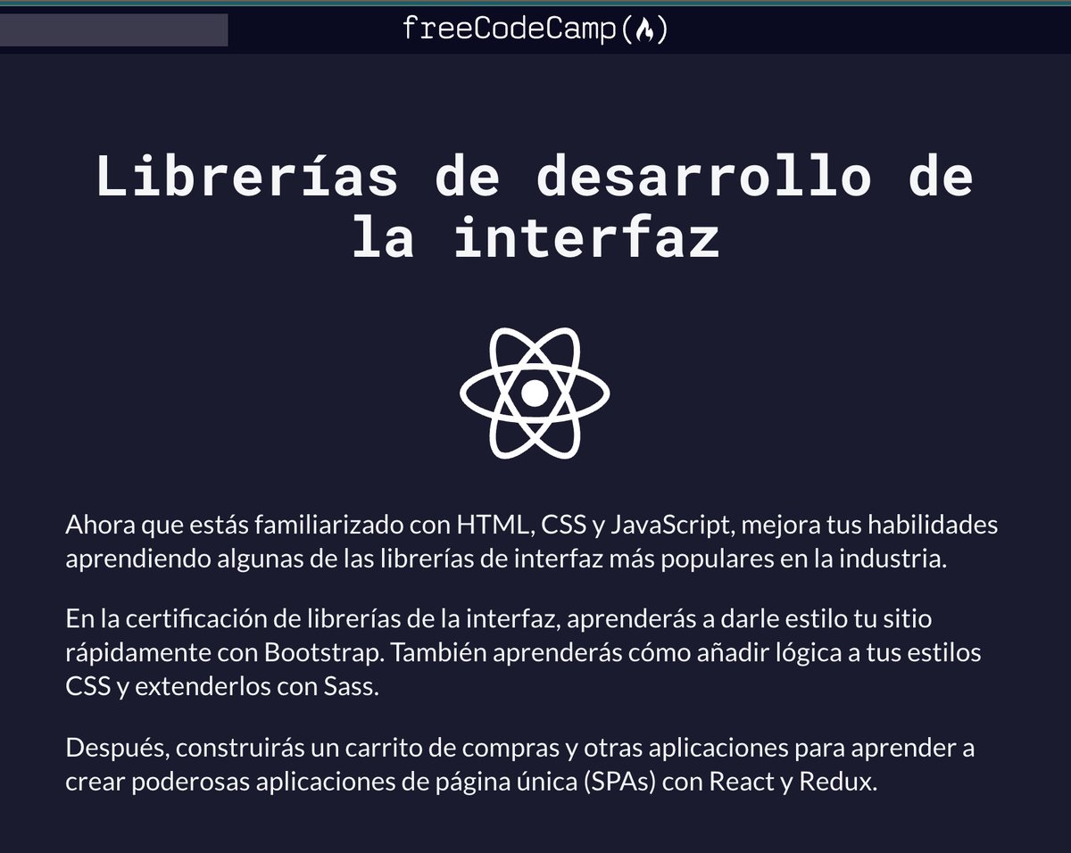 freeCodeCampES's tweet photo. 📢 ¡Atención! 
La tercera certificación de  @freeCodeCamp 👀
 ya está completamente traducida al español y en vivo. 

Certificación Librerías de desarrollo de la interfaz

Muchas gracias a toda la comunidad de traductores y revisores por su esfuerzo 💪🏽

 👉🏼https://t.co/fcTVGZE9pI https://t.co/AozXDa3Q0Y