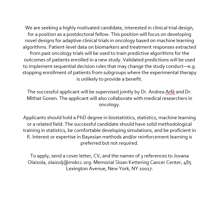 Looking for a Postdoctoral Research Fellowship in Biostatistics?  Look no further! We are looking here in <a href="/MSKBiostats/">Memorial Sloan Kettering Biostatistics Service</a>! Click below for details and send your application to Jovana Olaizola: olaizolj@mskcc.org