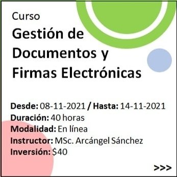 Última oportunidad del 2021 para capacitarte en gestión de documentos y archivos. 
𝗜𝗻𝗳𝗼𝗿𝗺𝗮𝗰𝗶𝗼́𝗻/𝗜𝗻𝘀𝗰𝗿𝗶𝗽𝗰𝗶𝗼𝗻𝗲𝘀: buff.ly/3is878u 
 𝗘-𝗺𝗮𝗶𝗹: consultoresgdec@gmail.com
 𝗧𝗲𝗹𝗲́𝗳𝗼𝗻𝗼𝘀: 0981532774 - 0939333059
#GDConsultores